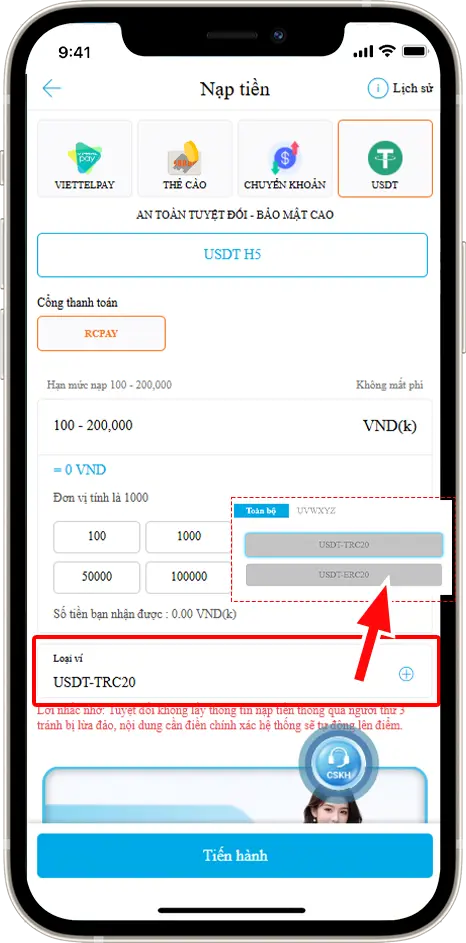Bước 3: Chọn loại ví phù hợp » Chọn Tiến Hành